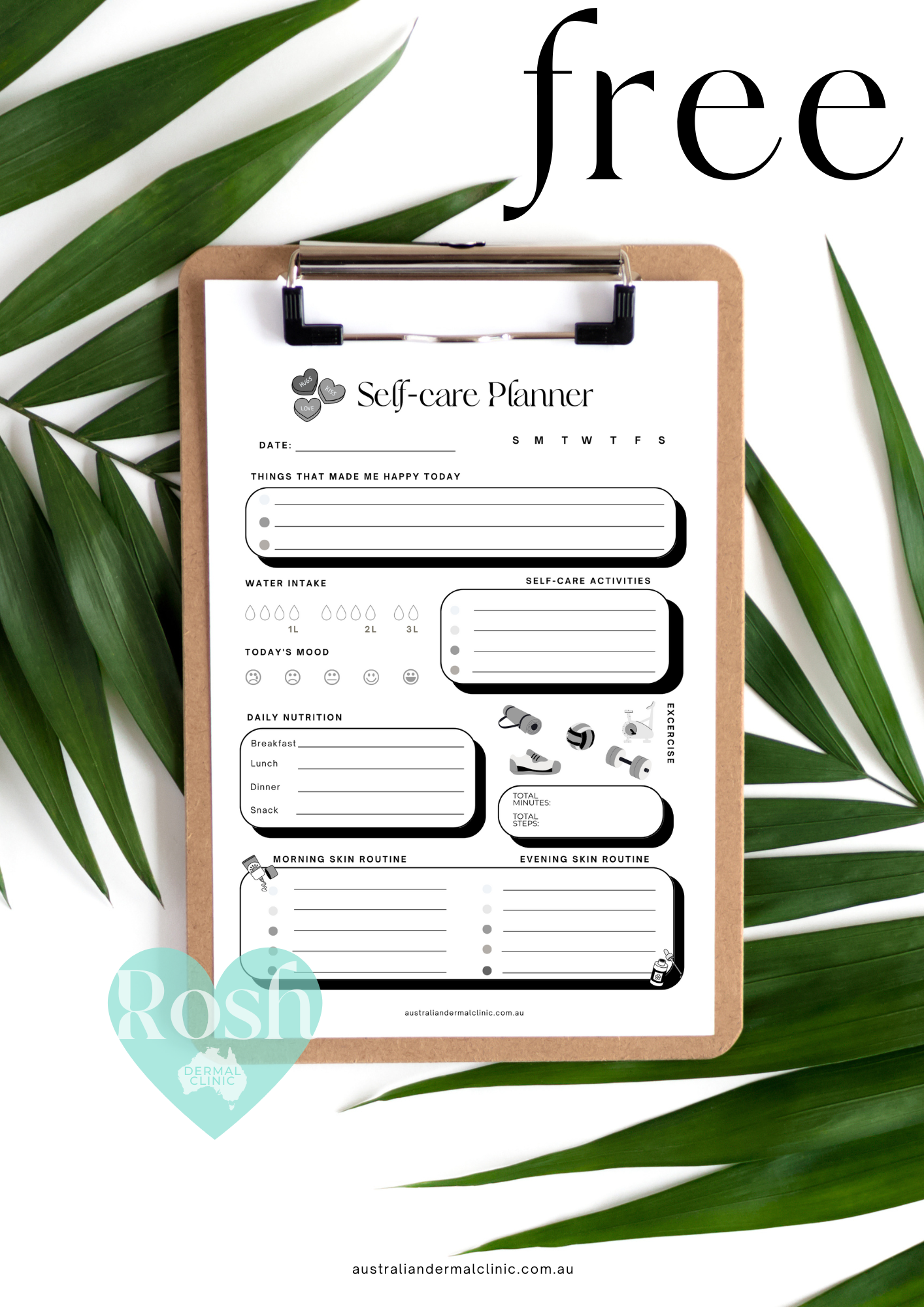 FREE VIP GIFT of a Daily Selfcare beauty health Planner tracker pdf printable instant download Aust Dermal Clinic