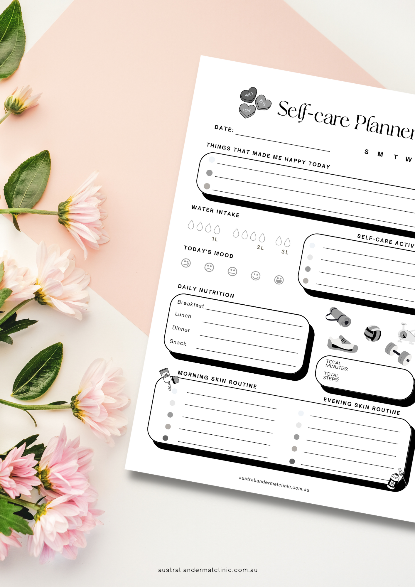 FREE VIP GIFT of a Daily Selfcare beauty health Planner tracker pdf printable instant download Aust Dermal Clinic