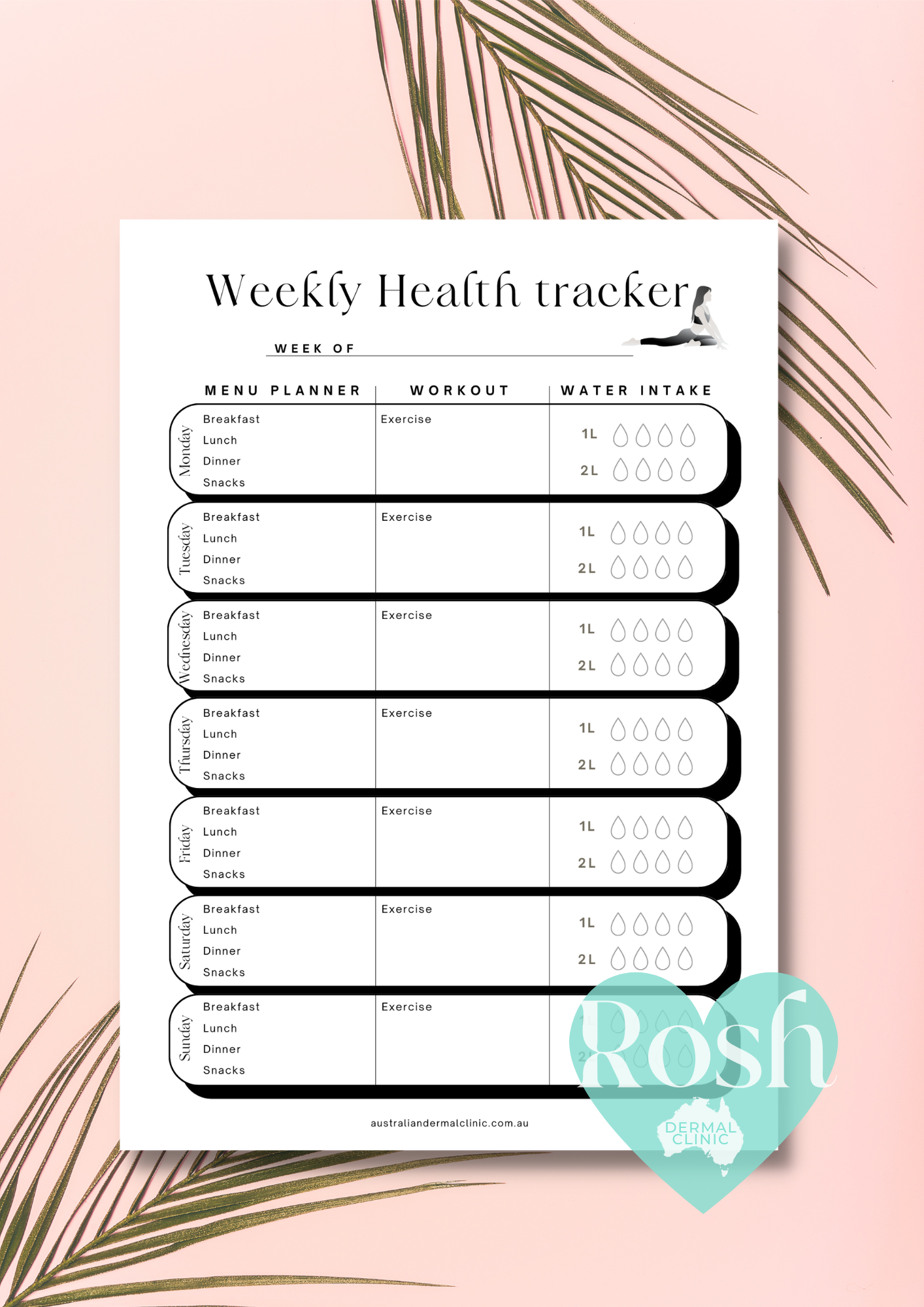 FREE VIP GIFT of a Weekly Health Planner tracker pdf printable instant download Aust Dermal Clinic Beauty tracker pdf